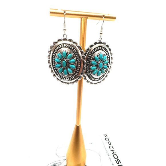 2/$24 Vintage-Style Silver & Turquoise Flower Oval Dangle Earrings - Picture 4 of 5